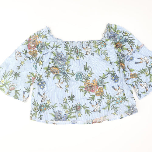 Influence Womens Blue Striped Polyester Basic Blouse Size 12 Off the Shoulder - Floral Frill