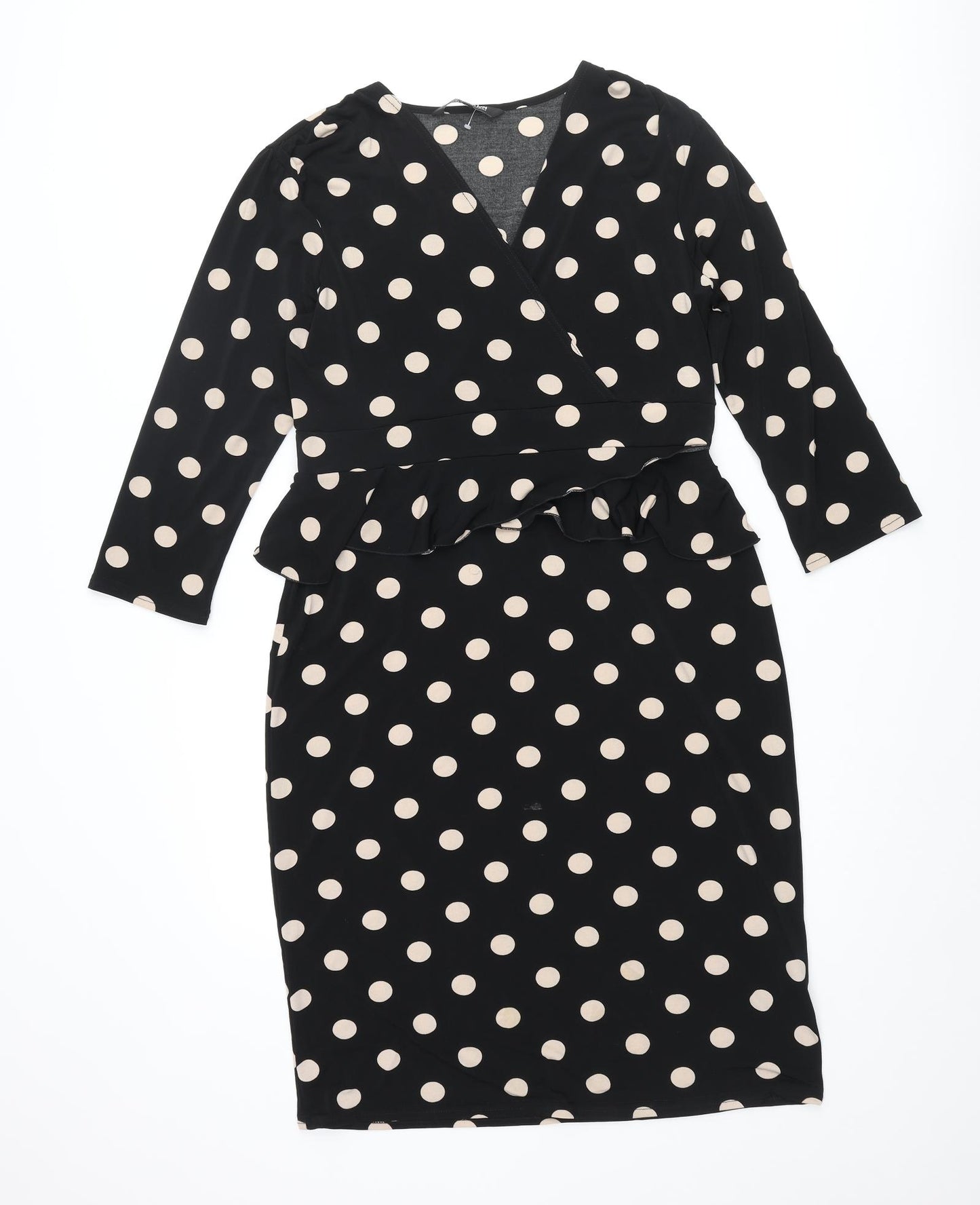 Debenhams Womens Black Polka Dot Polyester Pencil Dress Size 14 V-Neck Pullover - Frill