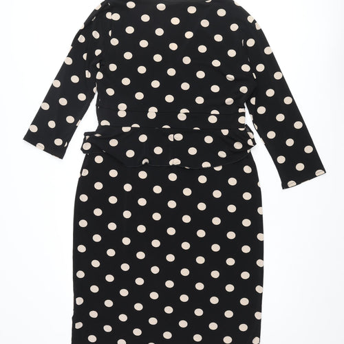 Debenhams Womens Black Polka Dot Polyester Pencil Dress Size 14 V-Neck Pullover - Frill