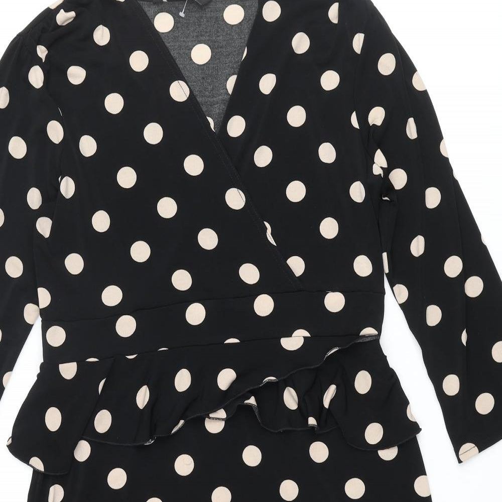Debenhams Womens Black Polka Dot Polyester Pencil Dress Size 14 V-Neck Pullover - Frill