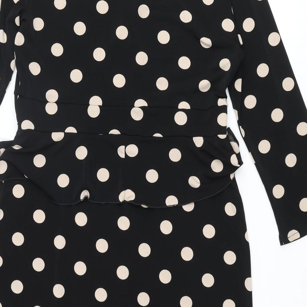 Debenhams Womens Black Polka Dot Polyester Pencil Dress Size 14 V-Neck Pullover - Frill