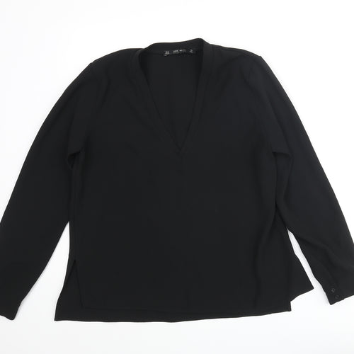 Zara Womens Black Polyester Basic Blouse Size M V-Neck