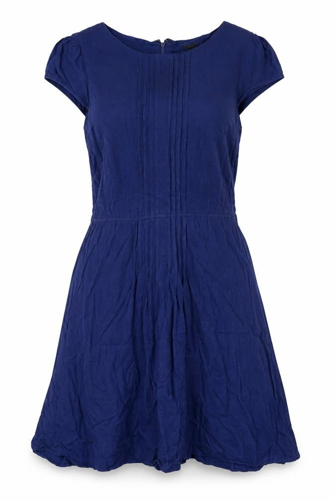 Front view of ASOS women’s blue viscose a-line, size UK 12, round neck zip - pleated