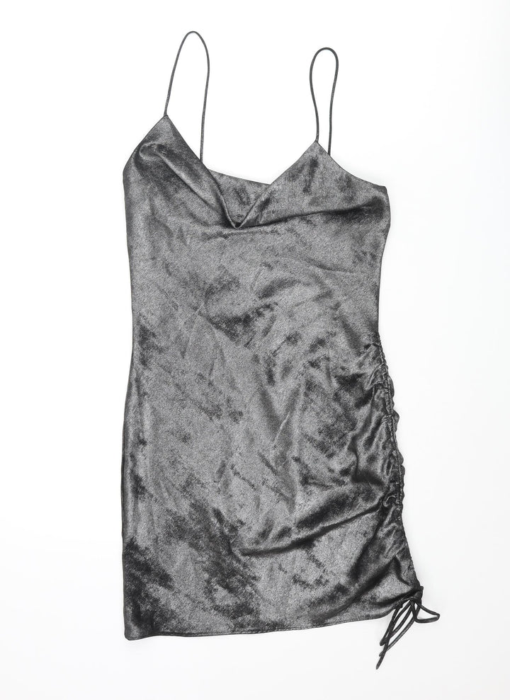 Topshop Womens Silver Polyester Slip Dress Size 8 Cowl Neck Pullover - Drawstring
