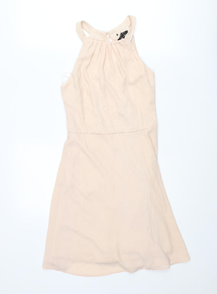 New Look Womens Beige Polyester Shift Size 8 Round Neck Button - Open Back