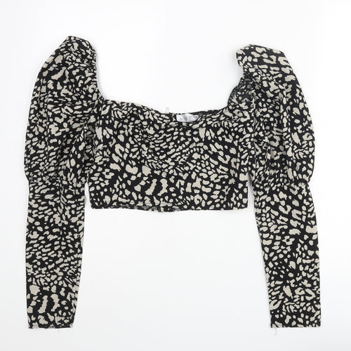 In the Style Womens Black Animal Print Polyester Cropped Blouse Size 8 Sweetheart - Cheetah Print