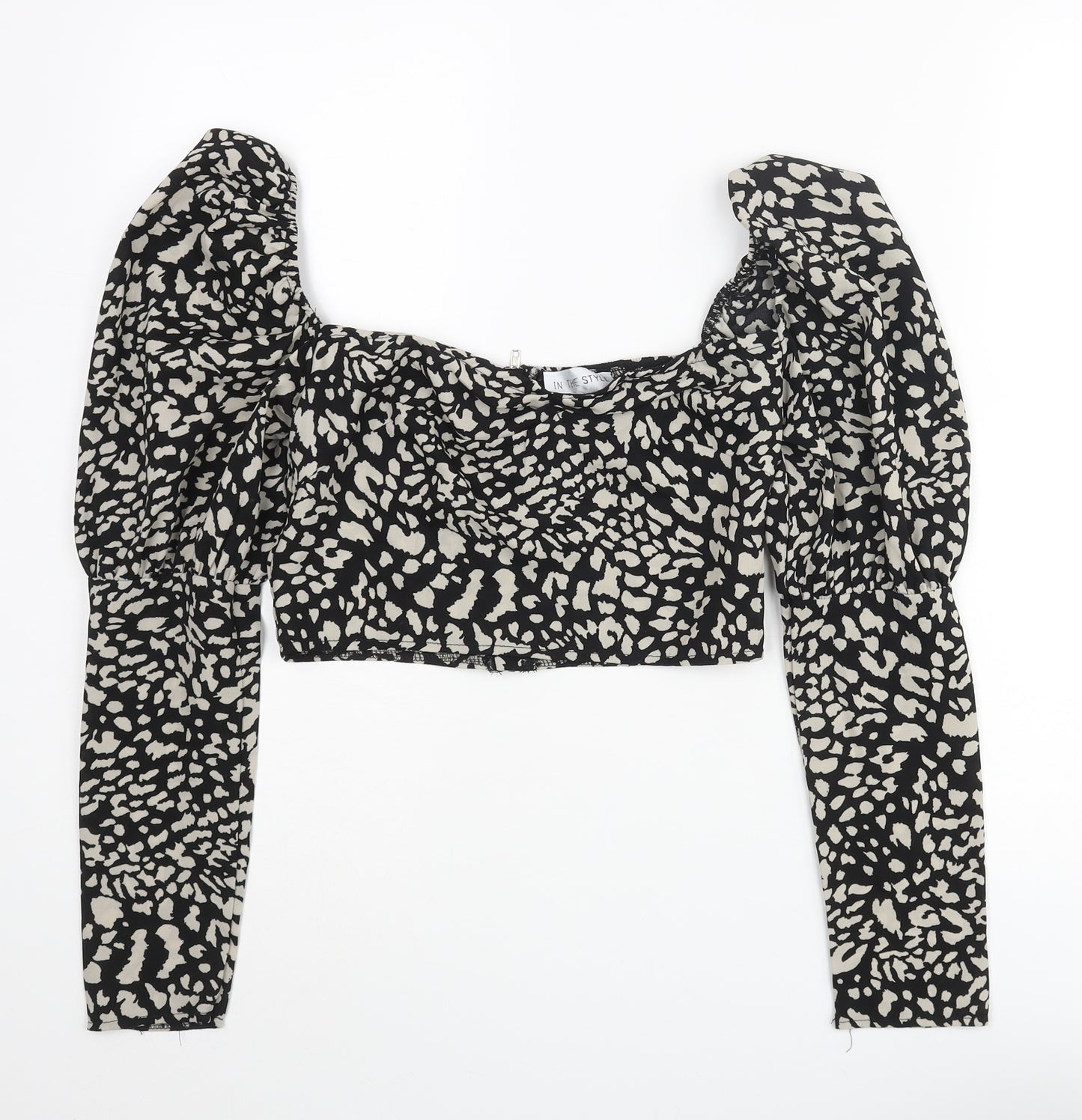 In the Style Womens Black Animal Print Polyester Cropped Blouse Size 8 Sweetheart - Cheetah Print