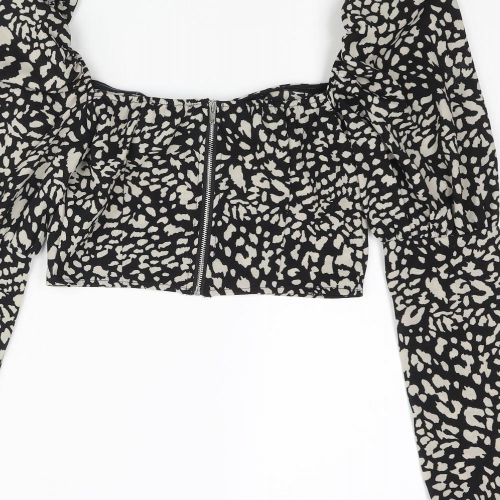 In the Style Womens Black Animal Print Polyester Cropped Blouse Size 8 Sweetheart - Cheetah Print