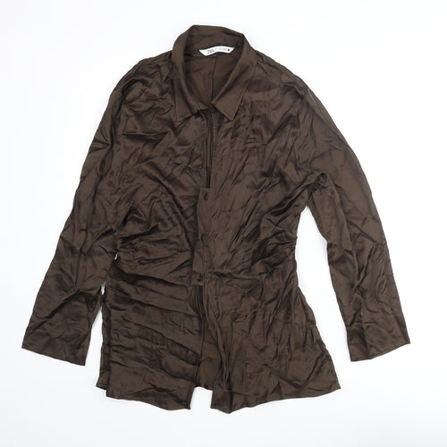 Zara Womens Brown Viscose Basic Button-Up Size L Collared - Keyhole Rouched