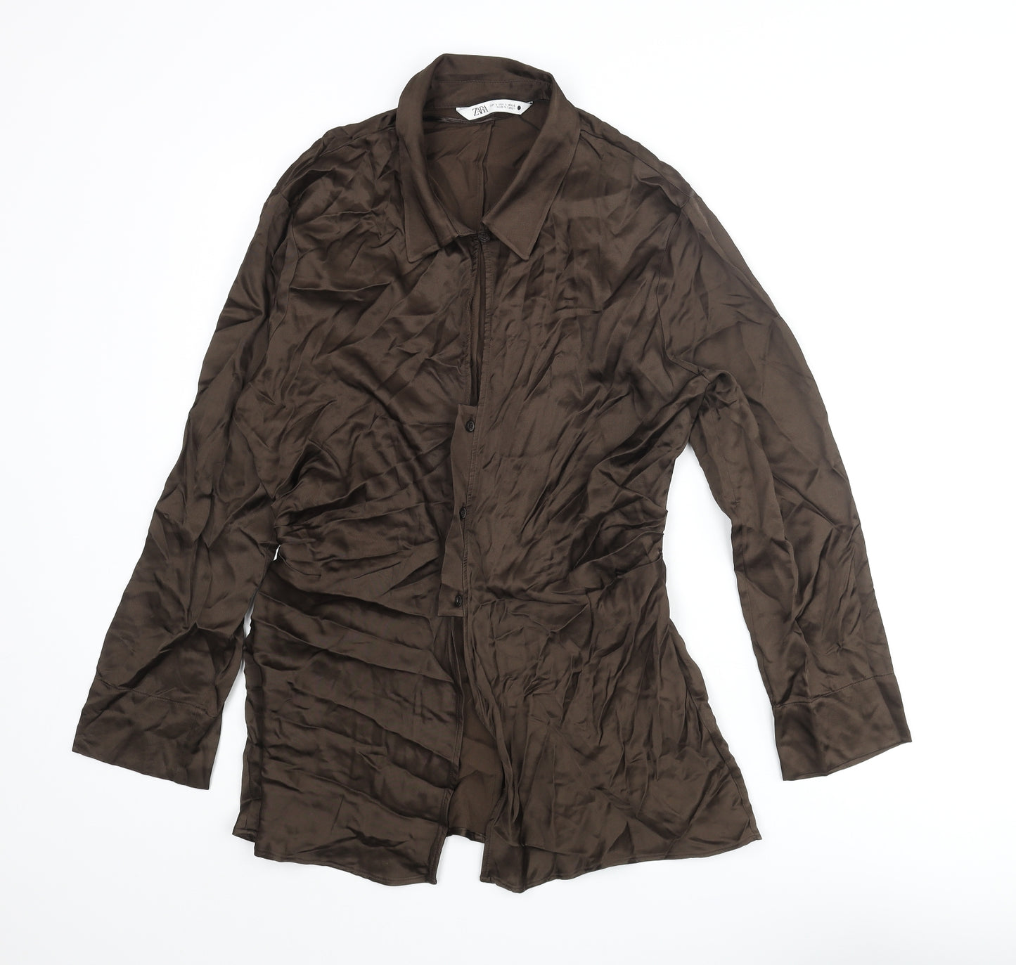 Zara Womens Brown Viscose Basic Button-Up Size L Collared - Keyhole Rouched