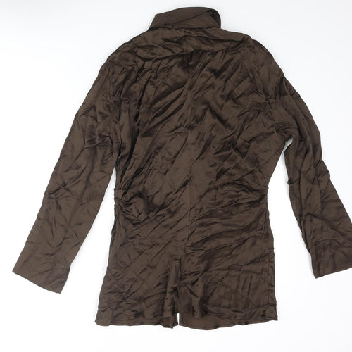 Zara Womens Brown Viscose Basic Button-Up Size L Collared - Keyhole Rouched