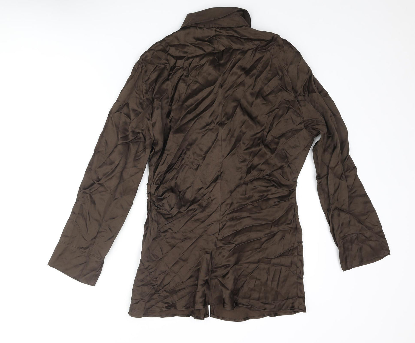 Zara Womens Brown Viscose Basic Button-Up Size L Collared - Keyhole Rouched
