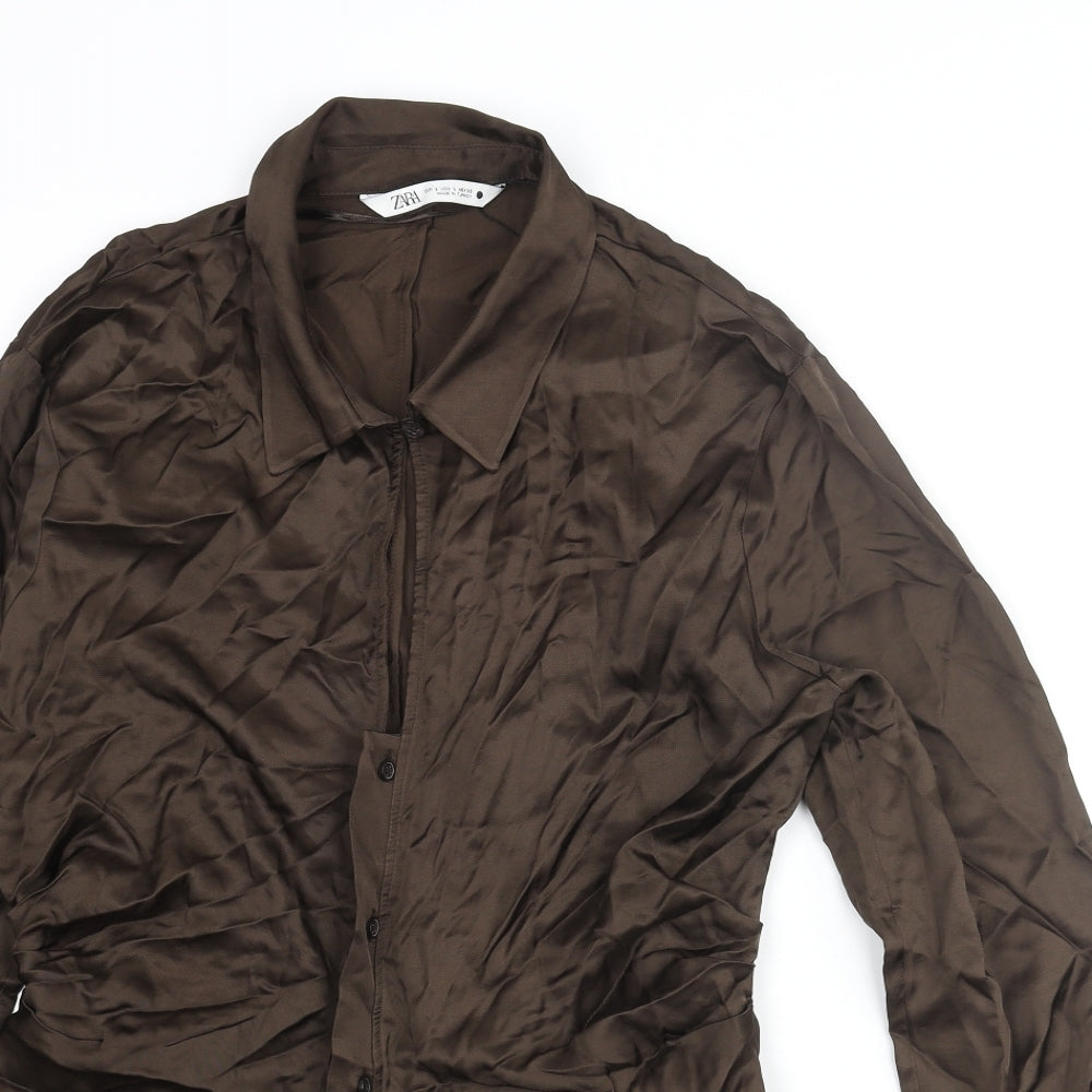 Zara Womens Brown Viscose Basic Button-Up Size L Collared - Keyhole Rouched