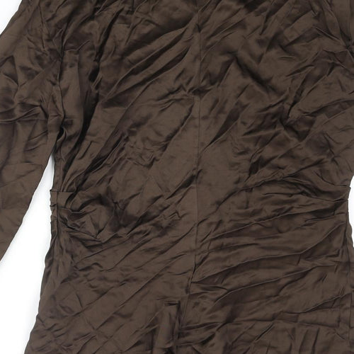 Zara Womens Brown Viscose Basic Button-Up Size L Collared - Keyhole Rouched
