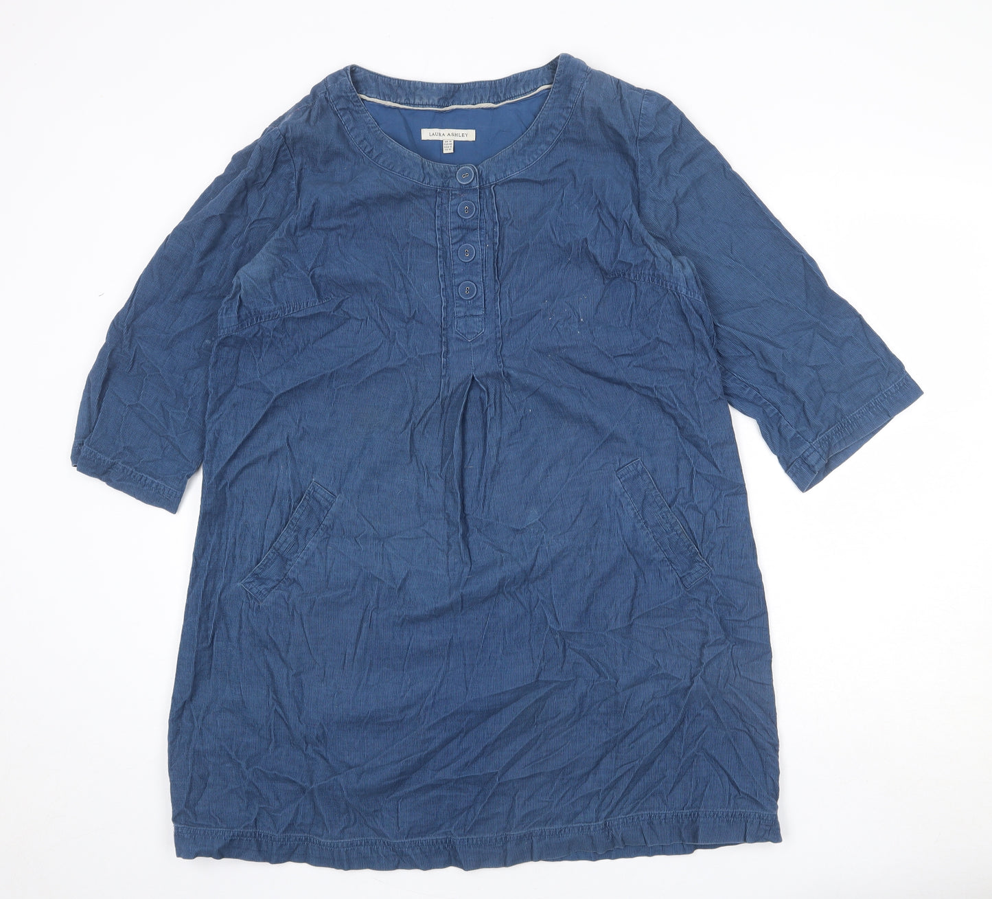 Laura Ashley Womens Blue 100% Cotton A-Line Size 14 Round Neck Button