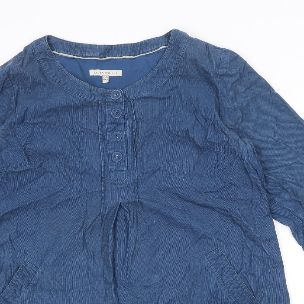 Laura Ashley Womens Blue 100% Cotton A-Line Size 14 Round Neck Button