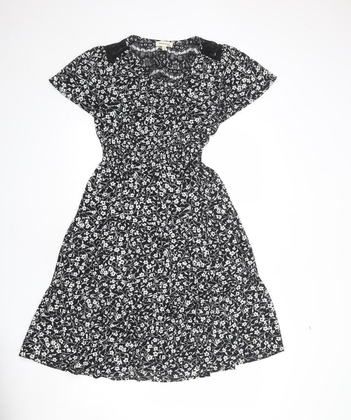 Monteau Womens Black Floral Polyester A-Line Size M V-Neck Pullover - Lace Detail