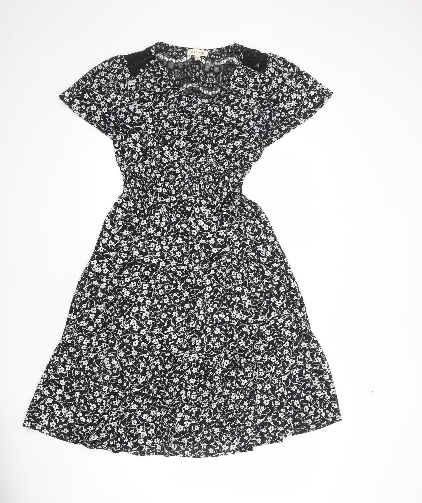 Monteau Womens Black Floral Polyester A-Line Size M V-Neck Pullover - Lace Detail