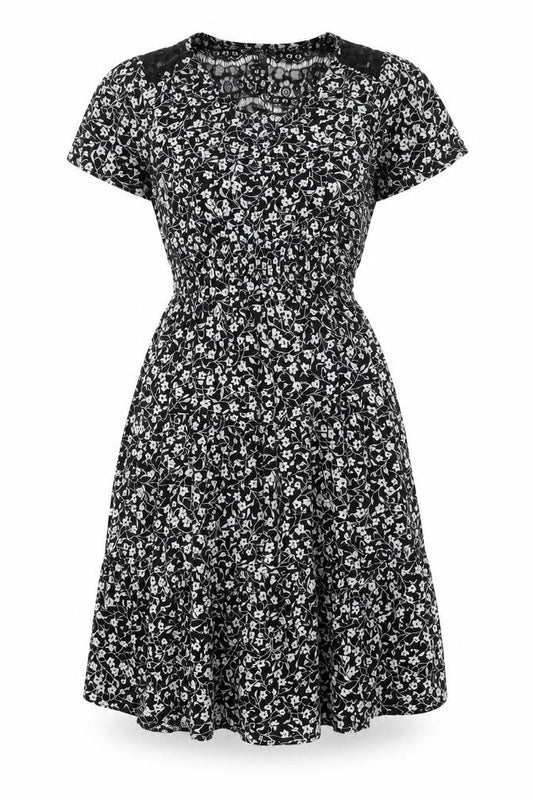 Front view of Monteau women’s black floral polyester a-line, size M, v-neck pullover - lace detail