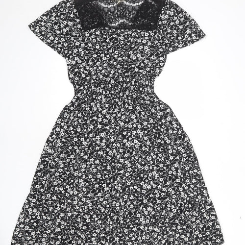 Monteau Womens Black Floral Polyester A-Line Size M V-Neck Pullover - Lace Detail