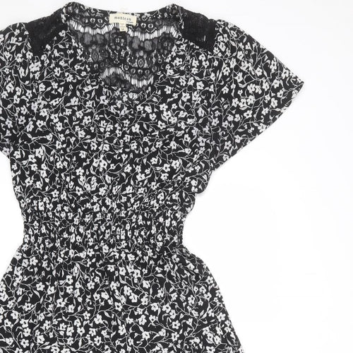 Monteau Womens Black Floral Polyester A-Line Size M V-Neck Pullover - Lace Detail