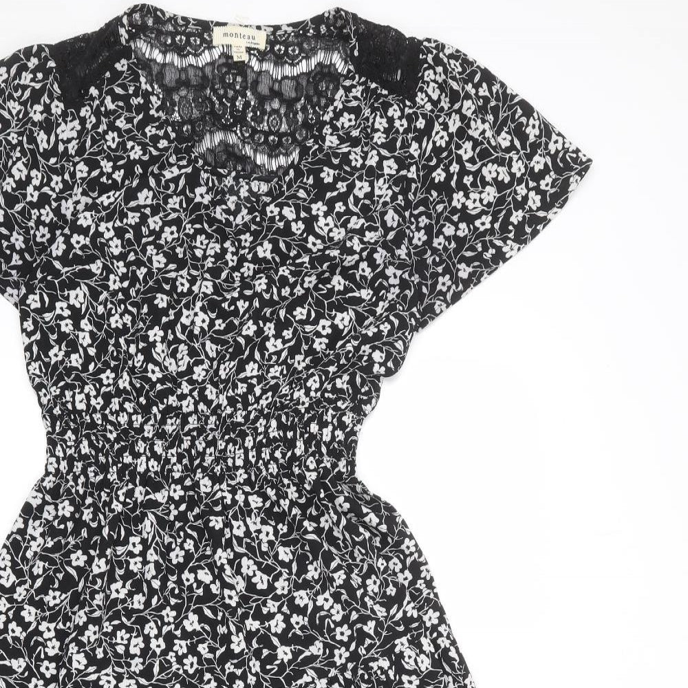 Monteau Womens Black Floral Polyester A-Line Size M V-Neck Pullover - Lace Detail