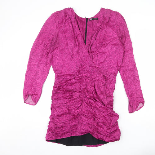 Zara Womens Pink Polka Dot Viscose Sheath Size L V-Neck Zip - Ruffle Detail