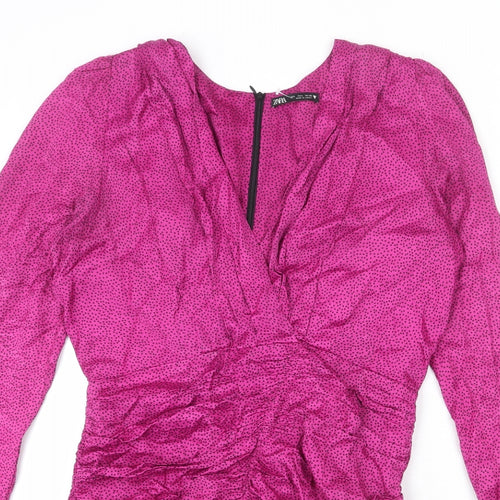Zara Womens Pink Polka Dot Viscose Sheath Size L V-Neck Zip - Ruffle Detail