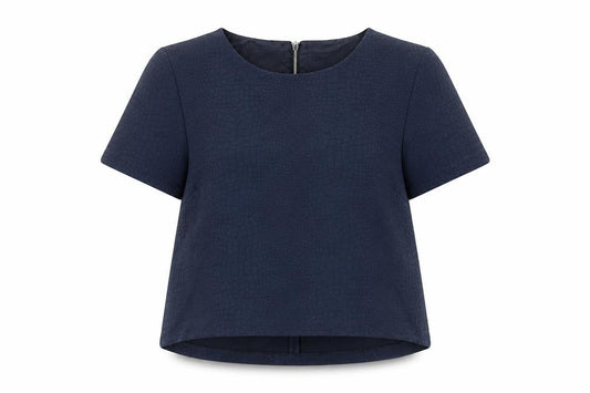 Front view of Dorothy Perkins women’s blue animal print polyester cropped t-shirt, size UK 14, round neck - snake skin print