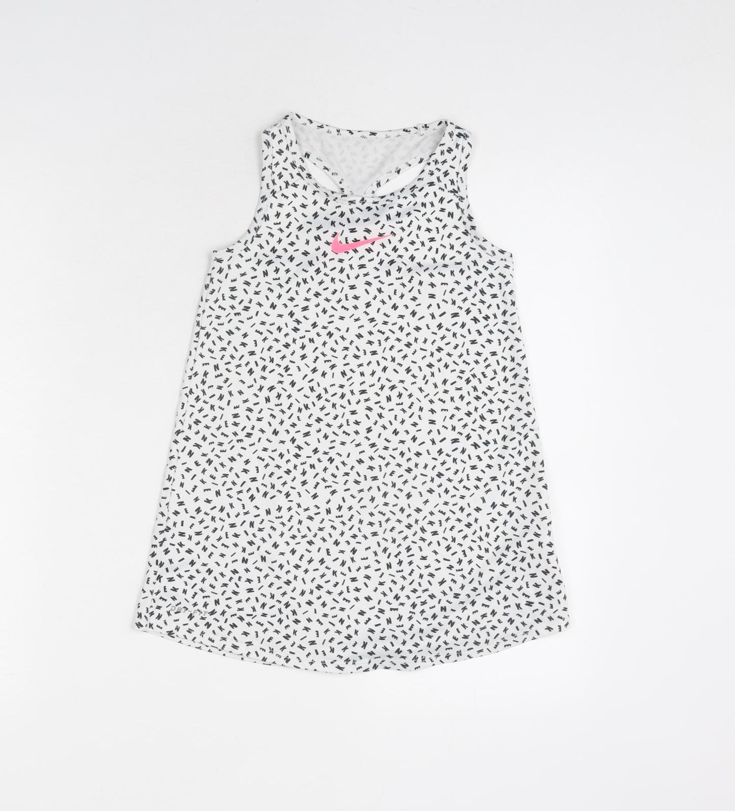 Nike Girls White Geometric Polyester Basic Tank Size 6-7 Years Round Neck Pullover - Sports/Activewear Top