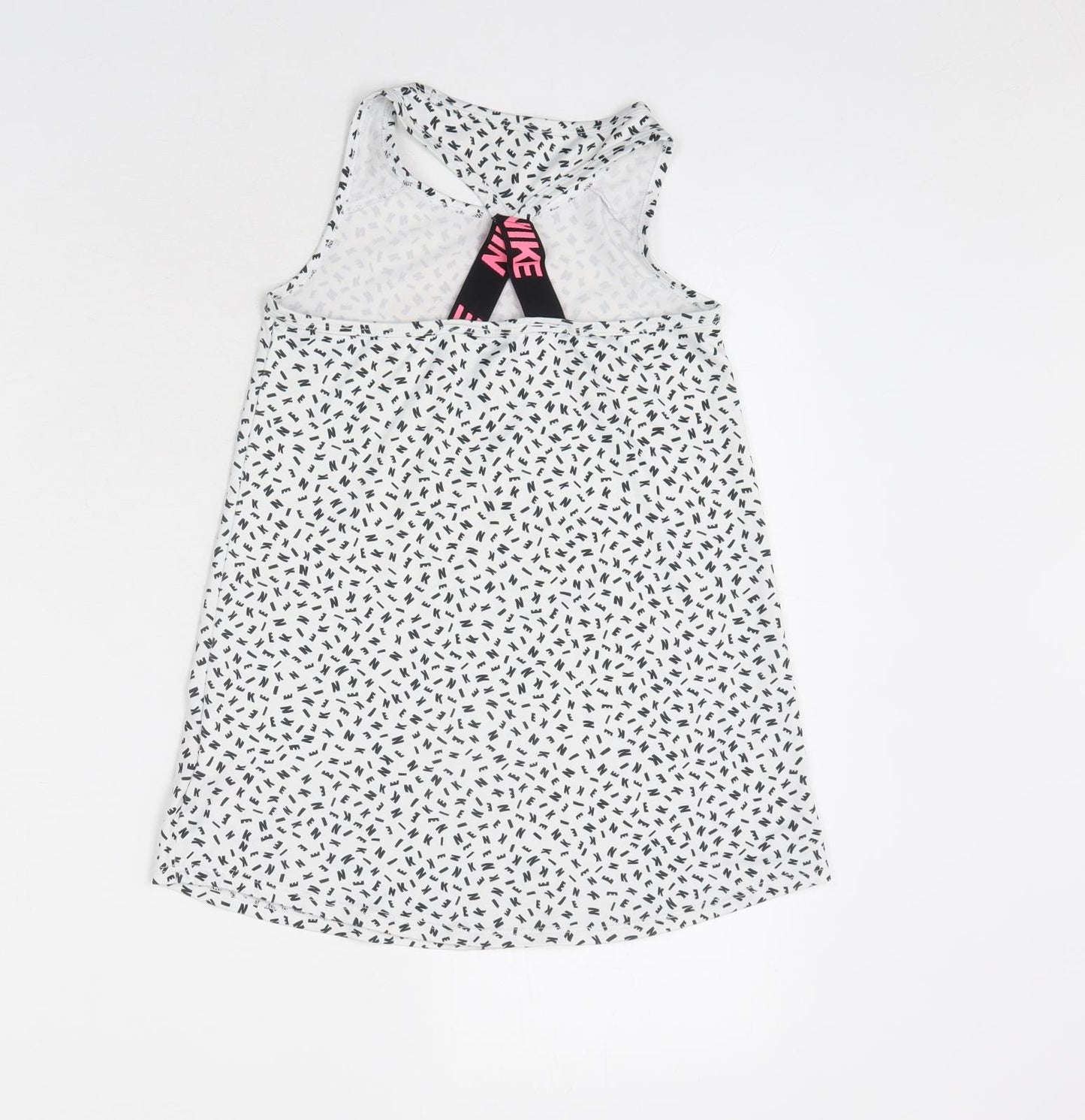 Nike Girls White Geometric Polyester Basic Tank Size 6-7 Years Round Neck Pullover - Sports/Activewear Top