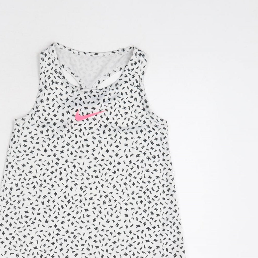 Nike Girls White Geometric Polyester Basic Tank Size 6-7 Years Round Neck Pullover - Sports/Activewear Top