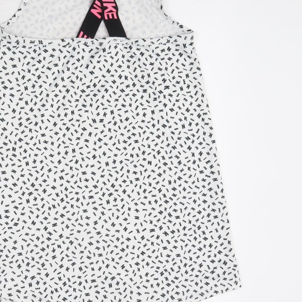 Nike Girls White Geometric Polyester Basic Tank Size 6-7 Years Round Neck Pullover - Sports/Activewear Top