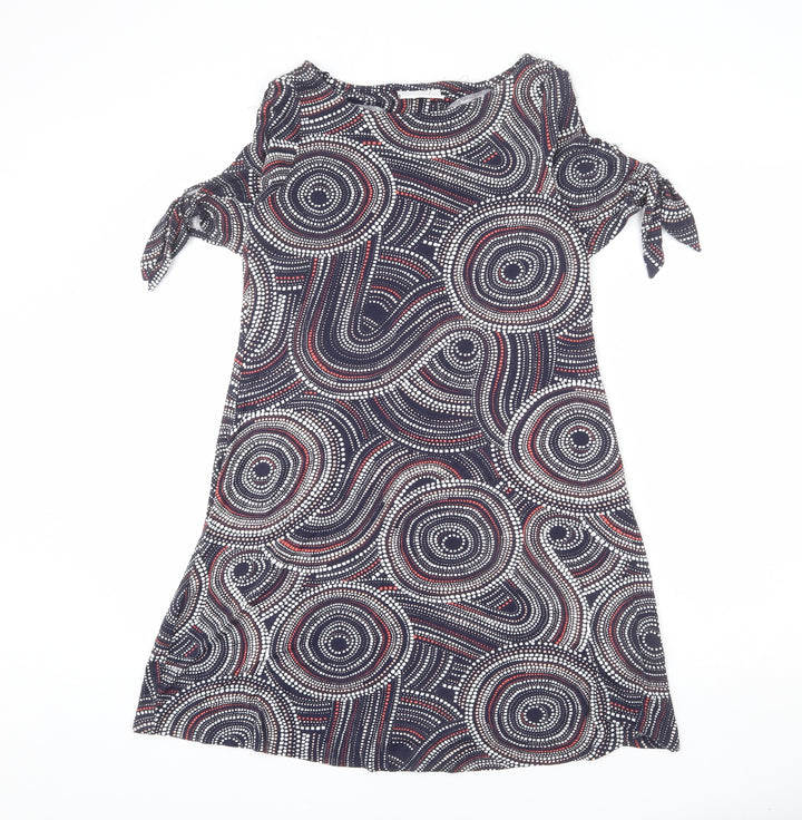 Wallis Womens Multicoloured Geometric Viscose A-Line Size 10 Boat Neck Pullover - Tie Detail