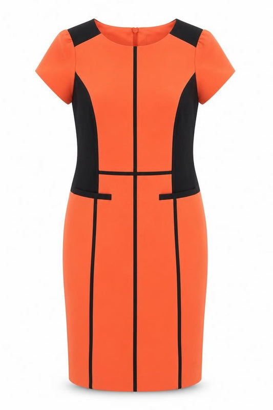 Front view of Marisota women’s orange polyester sheath, size UK 12, round neck zip