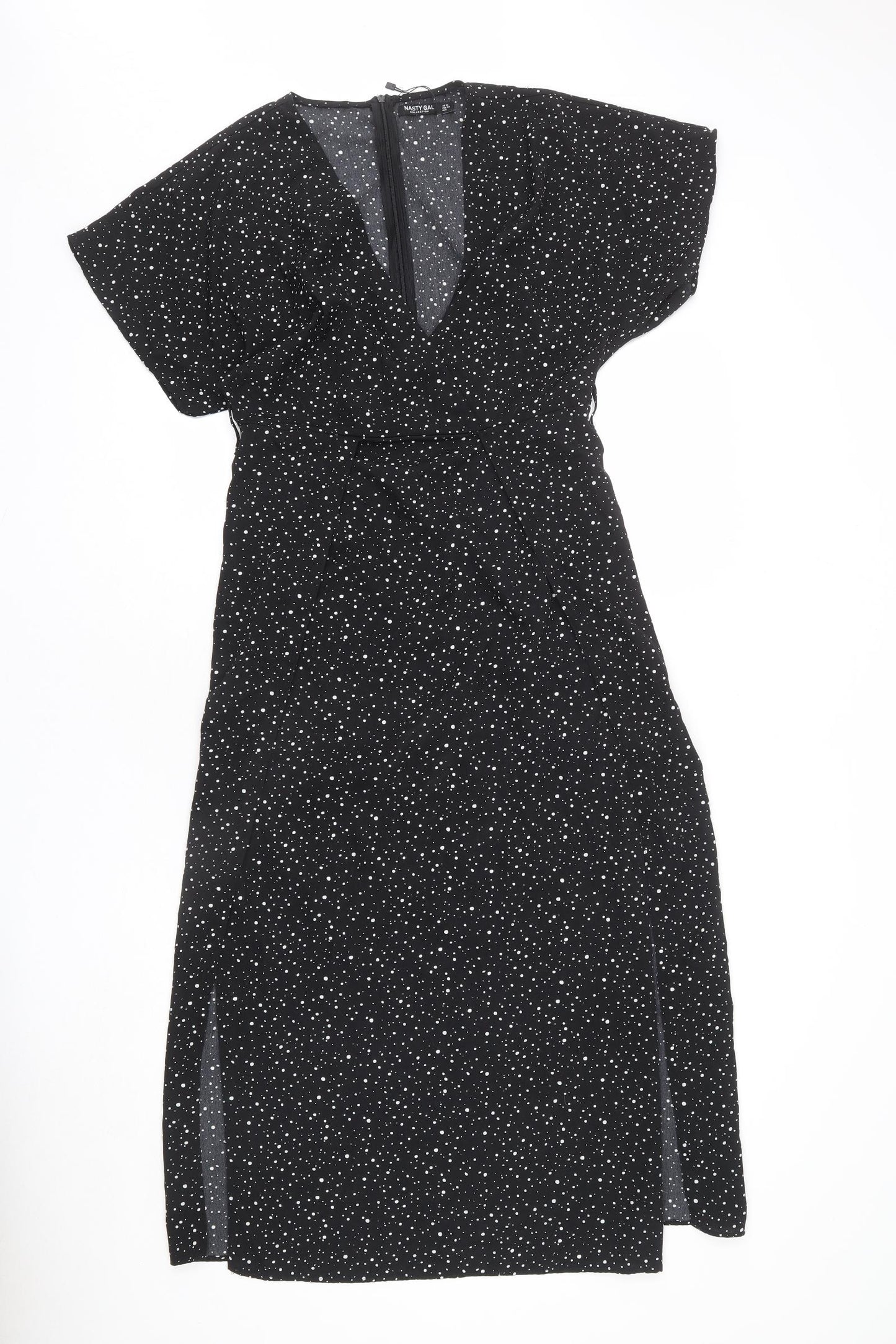 Nasty Gal Womens Black Polka Dot Polyester A-Line Size 12 V-Neck Zip - Slits