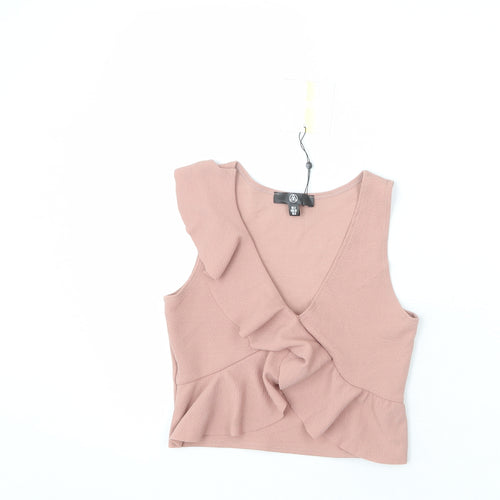 Missguided Womens Pink Polyester Cropped Tank Size 4 V-Neck - Ruffle Detail