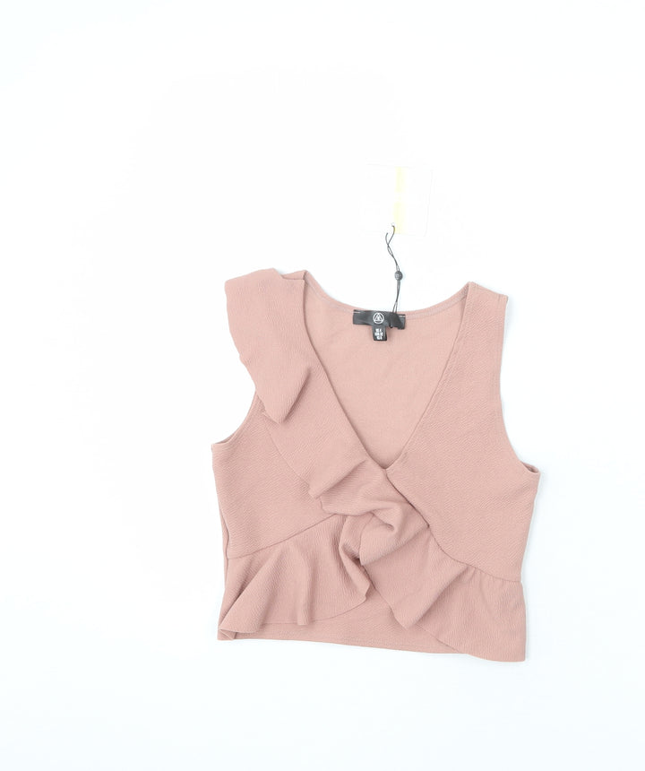 Missguided Womens Pink Polyester Cropped Tank Size 4 V-Neck - Ruffle Detail