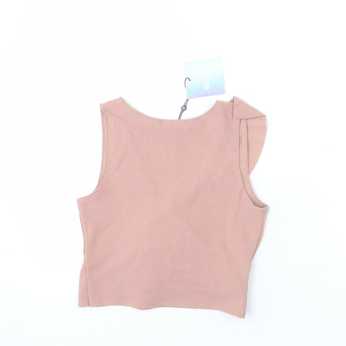 Missguided Womens Pink Polyester Cropped Tank Size 4 V-Neck - Ruffle Detail