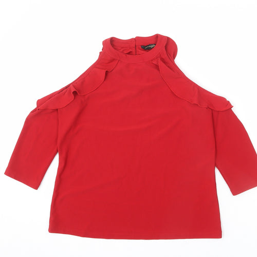 Forever Glam Womens Red Polyester Basic Blouse Size M Round Neck - Ruffle Detail