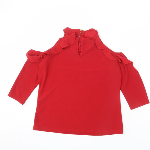 Forever Glam Womens Red Polyester Basic Blouse Size M Round Neck - Ruffle Detail