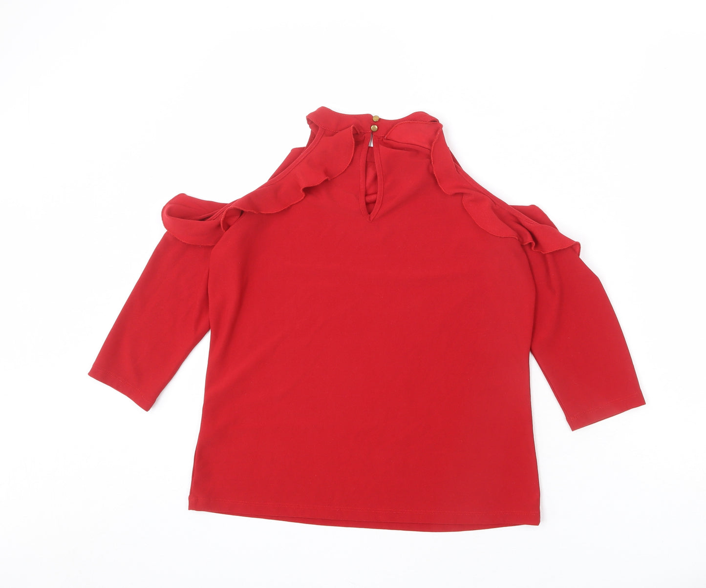 Forever Glam Womens Red Polyester Basic Blouse Size M Round Neck - Ruffle Detail