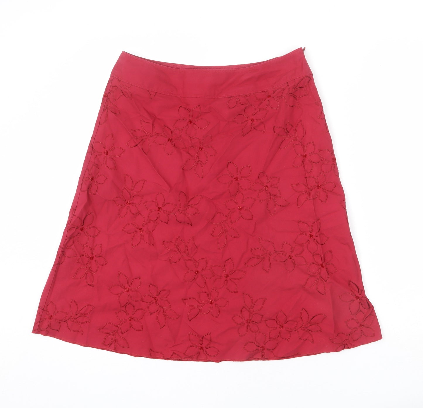 Marks and Spencer Womens Red Floral Cotton A-Line Skirt Size 10 Zip - Beaded Detail, Embroided