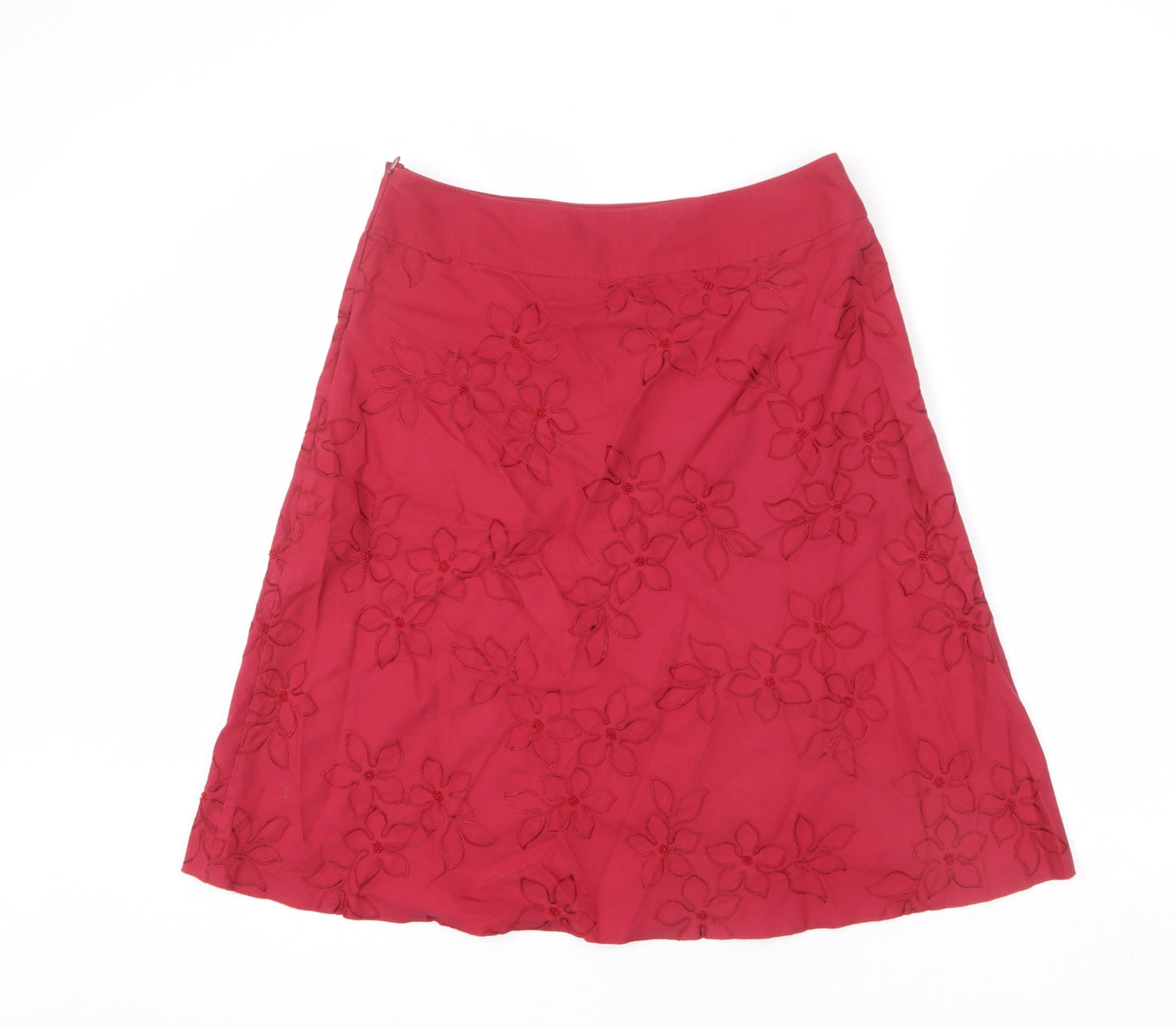 Marks and Spencer Womens Red Floral Cotton A-Line Skirt Size 10 Zip - Beaded Detail, Embroided