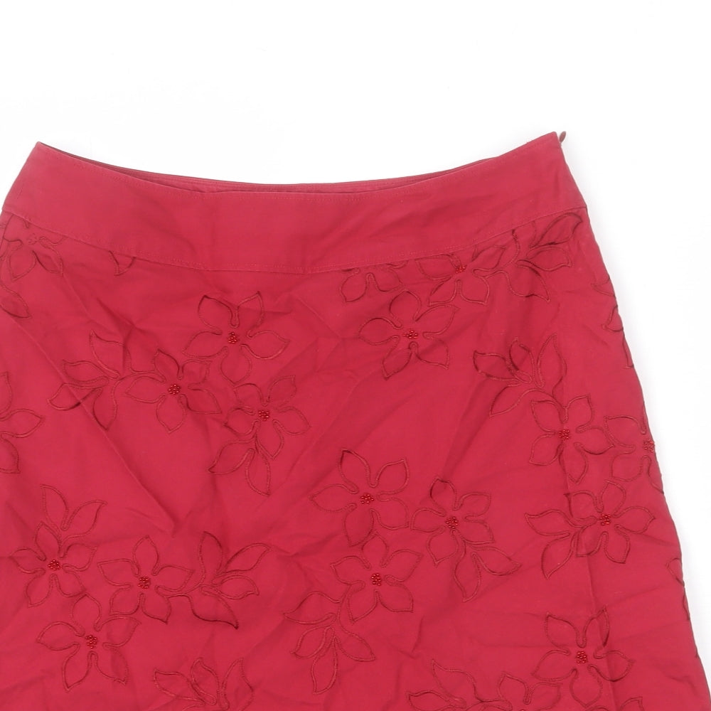 Marks and Spencer Womens Red Floral Cotton A-Line Skirt Size 10 Zip - Beaded Detail, Embroided