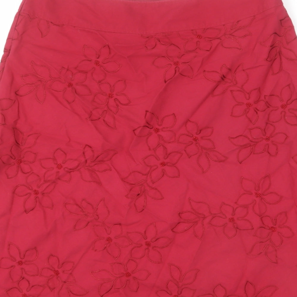 Marks and Spencer Womens Red Floral Cotton A-Line Skirt Size 10 Zip - Beaded Detail, Embroided