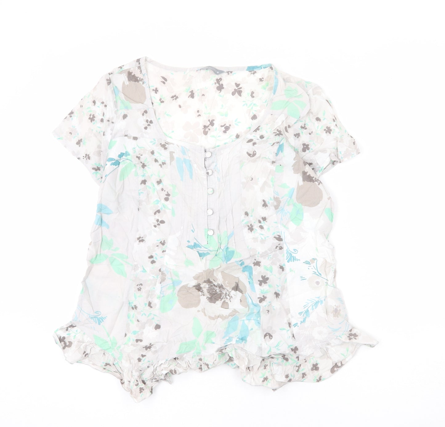 Per Una Womens Multicoloured Floral Cotton Basic Blouse Size 16 Scoop Neck - Ruffle Detail