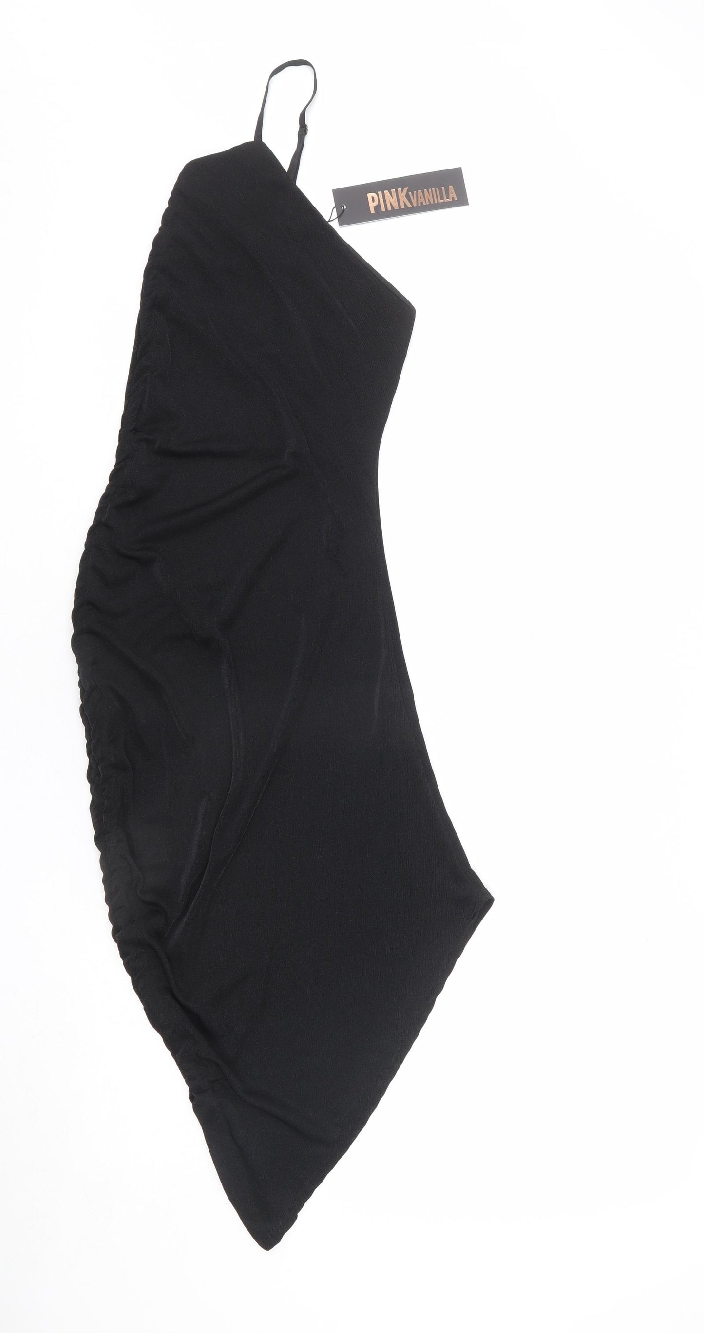 Pink Vanilla Womens Black Polyester Bodycon Size 6 One Shoulder Pullover - Asymmetric, Ruched Side