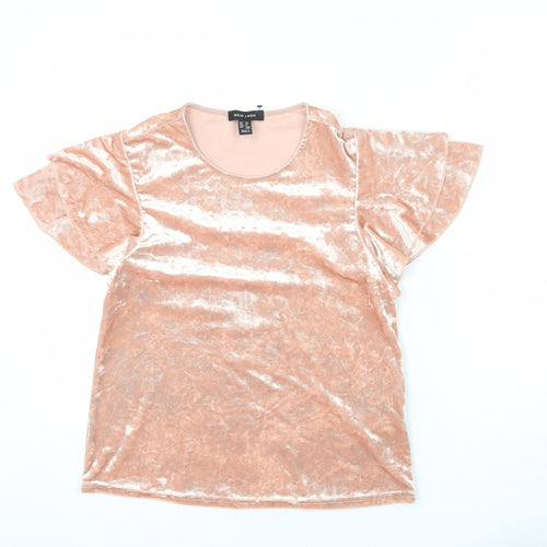 New Look Womens Pink Polyester Basic T-Shirt Size 10 Round Neck - Ruffle Sleeve