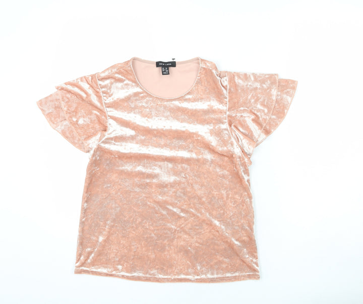 New Look Womens Pink Polyester Basic T-Shirt Size 10 Round Neck - Ruffle Sleeve